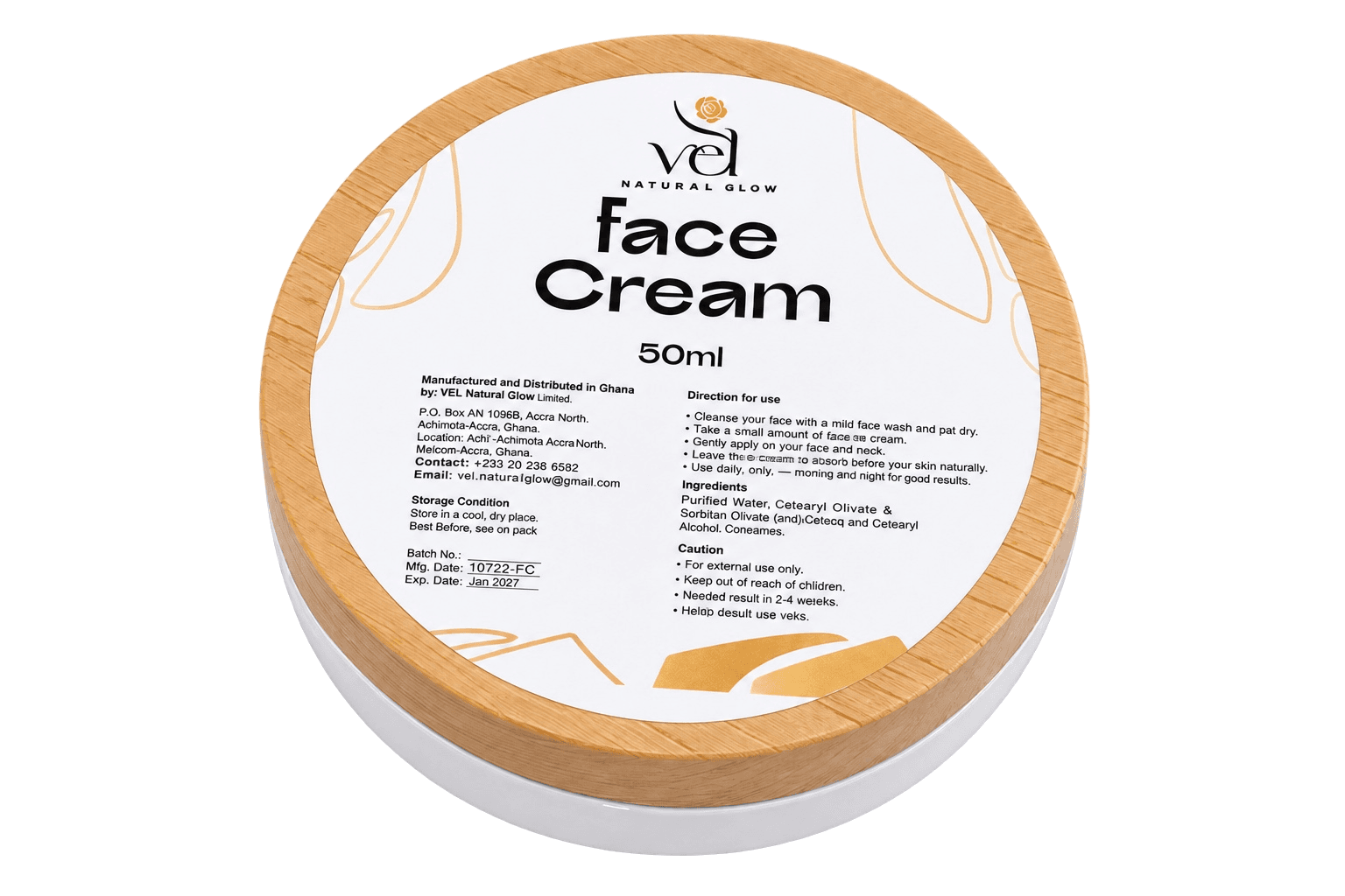 VEL Natural Glow Face Cream in white and bamboo-gold packaging